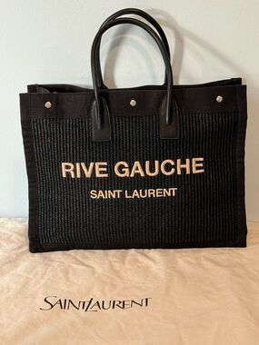 Saint Laurent Rive Gauche Tote Black Raffia & Leather Large YSL Bag